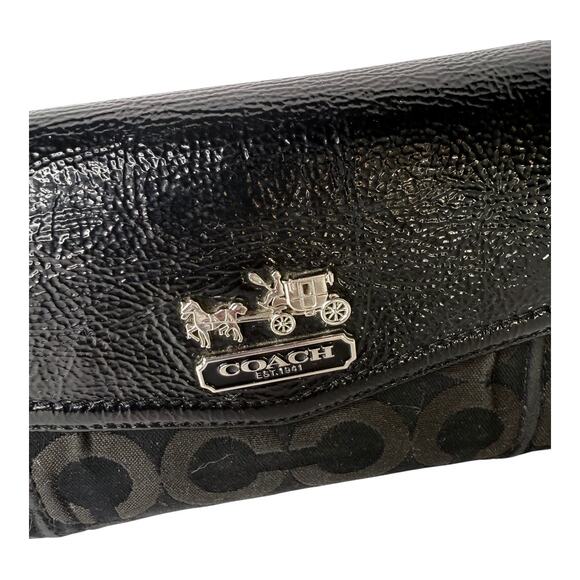 Coach Black LONG WALLET Patent Leather Canvas Signature CC Snap Flap Rear Zip - Picture 4 of 8